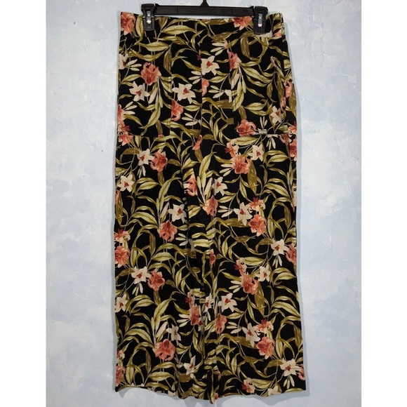 Kensie Linen Blend Black Floral High Waist Wide-Leg Cropped Pants Pockets Medium - Picture 2 of 9